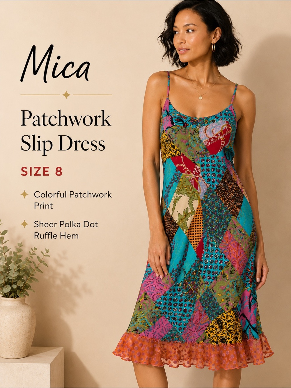 Colorful Patchwork Slip Dress - Turquoise/Multi